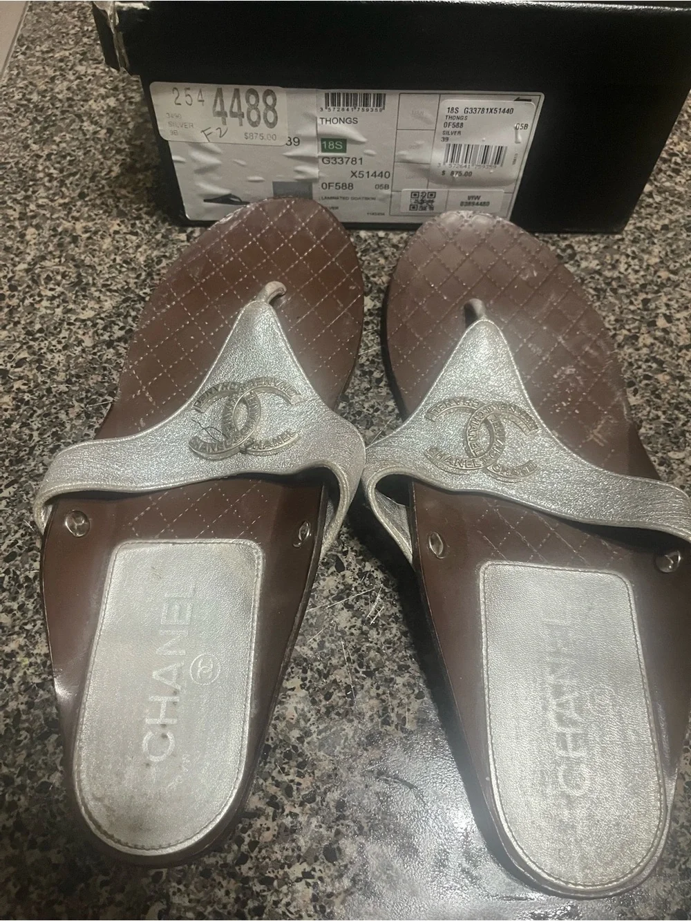 CHANEL Silver Metallic Thong Sandals with Brown Quilted Footbed